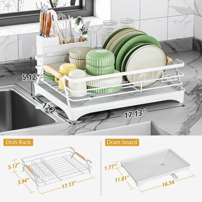 Epicano Dish Drying Rack for Kitchen Counter,Space-Saving Dish Rack,Rustproof Dish Drainer with Utensil Holder and Knife Slots for Sink,Kitchen Drying Rack with Wooden Handle and Cup Holder,White - Image 5